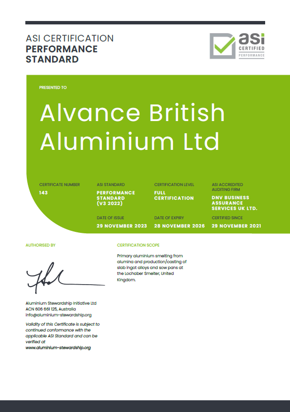 Green Aluminium Industry Leader, ALVANCE British Aluminium, achieves certification to the Aluminium Stewardship Performance Standard V3